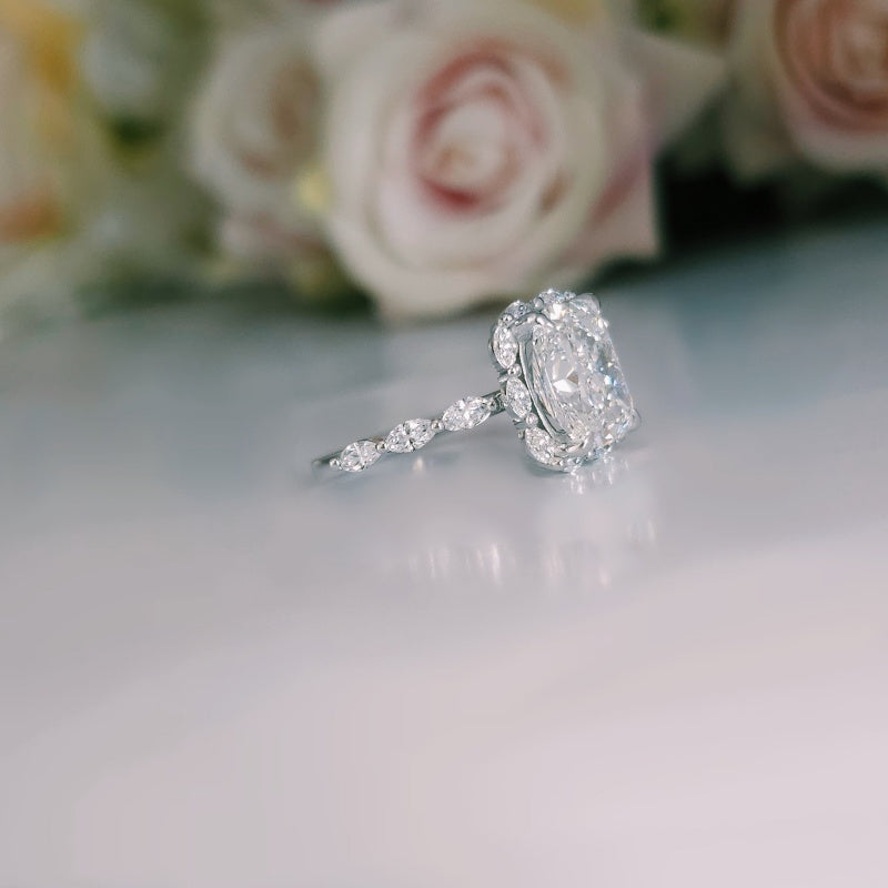 10K Gold Lab Grown Diamond CVD 3CT Cushion-Cut Side Stone Marquise Halo Engagement Ring