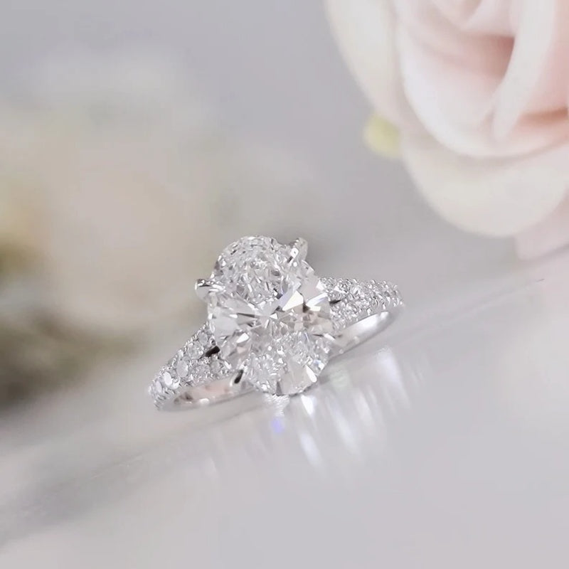 14K Gold Lab Grown Diamond CVD 3CT Oval-Cut Engagement Bridal Ring Set