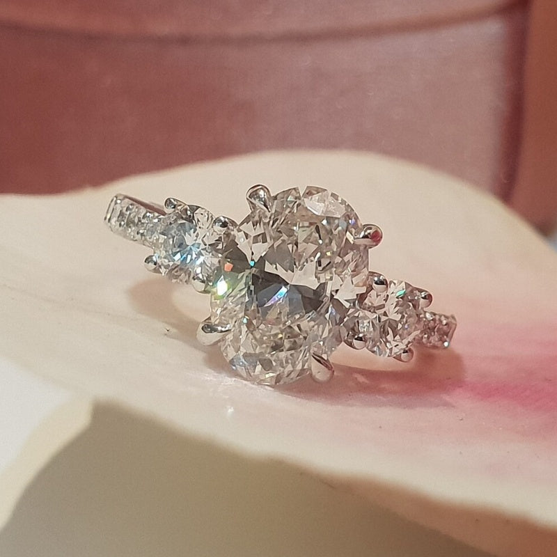 14K Gold Lab Grown Diamond CVD 4CT Oval-Cut Luxury Three Stone Anniversary Ring