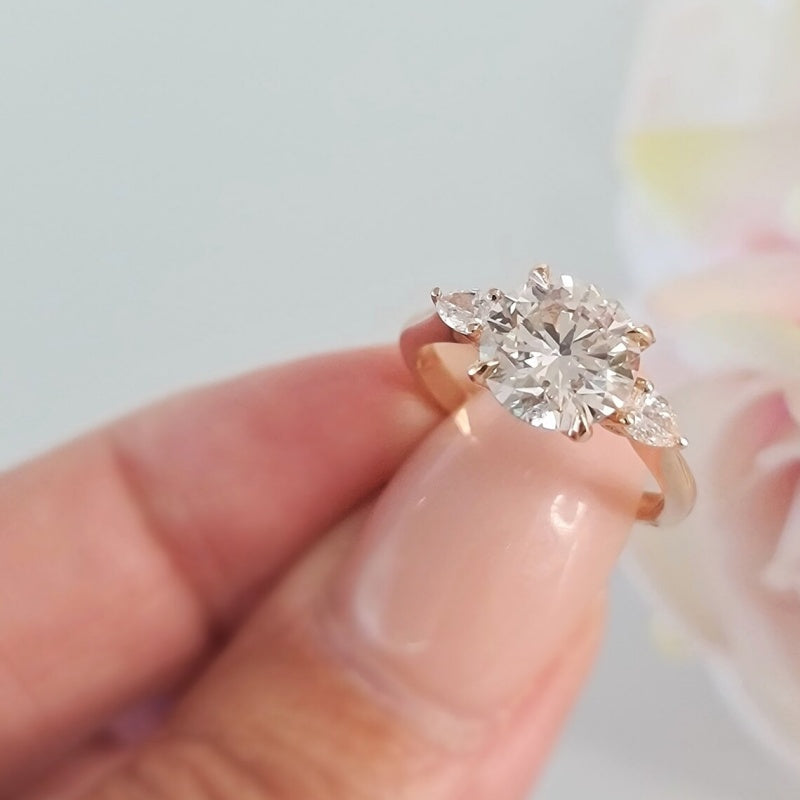 14K Gold Lab Grown Diamond CVD 3CT Round-Cut Pear Side Stones Engagement Ring