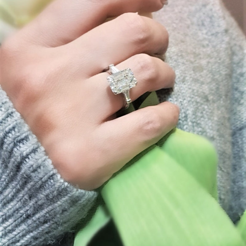 14K Gold Lab Grown Diamond CVD 3CT Emerald-Cut Three Stone Wedding Ring Anniversary Gift For Her