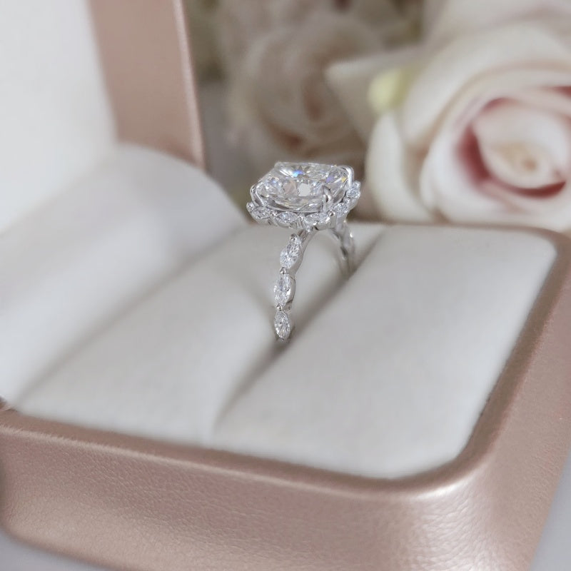 10K Gold Lab Grown Diamond CVD 3CT Cushion-Cut Side Stone Marquise Halo Engagement Ring