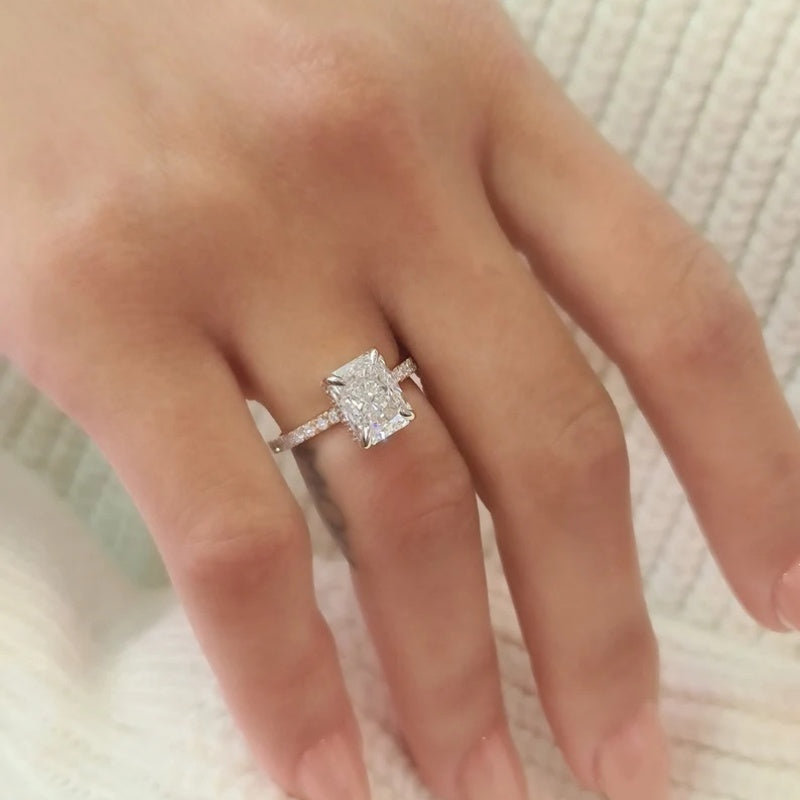 14K Gold Lab Grown Diamond CVD 2.5CT Radiant-Cut Hidden Halo Engagement Ring