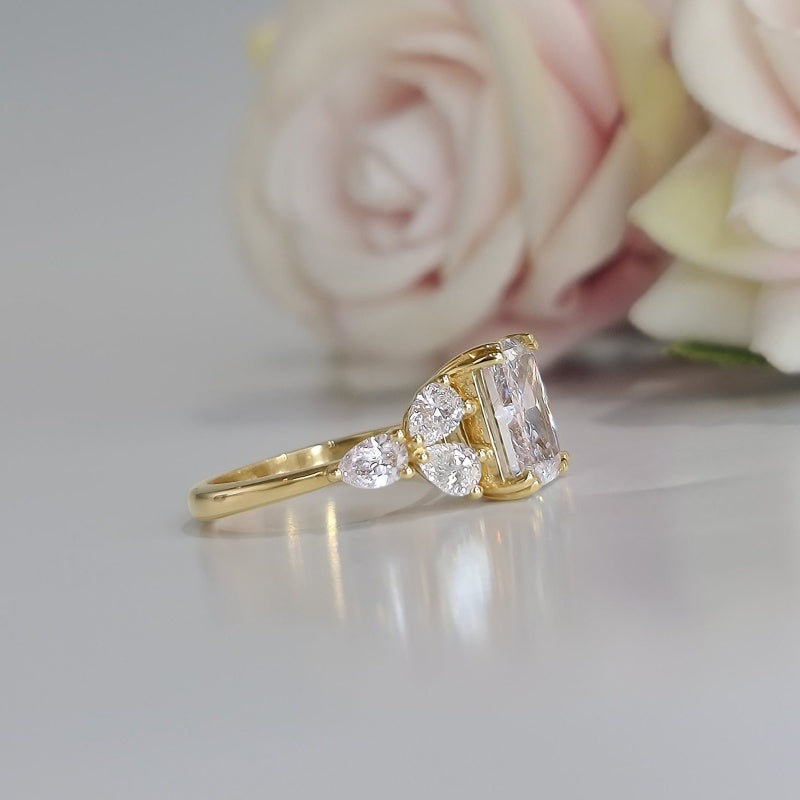10K Gold Lab Grown Diamond CVD 5CT Princess-Cut with Pear Side Stones Anniversary Ring