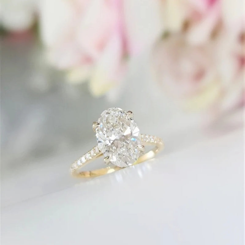 10K Gold Lab Grown Diamond CVD 3CT Oval-Cut Hidden Halo Luxury Proposal Ring Anniversary Gift For Her