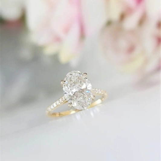 10K Gold Lab Grown Diamond CVD 3CT Oval-Cut Hidden Halo Luxury Proposal Ring Anniversary Gift For Her