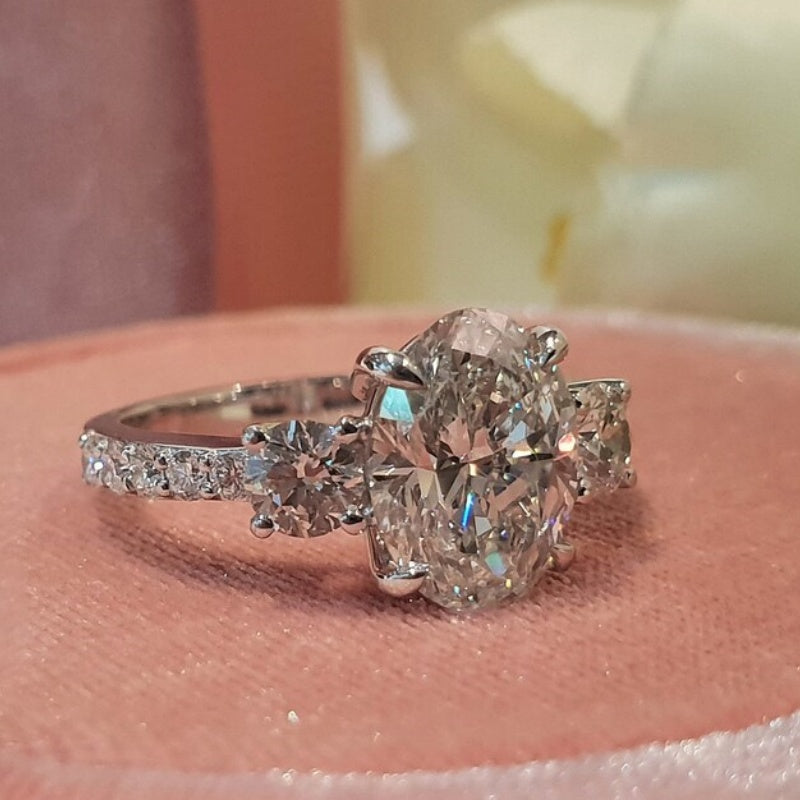 14K Gold Lab Grown Diamond CVD 4CT Oval-Cut Luxury Three Stone Anniversary Ring
