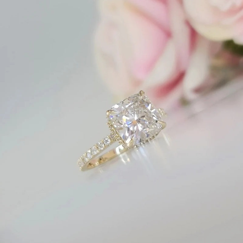 14K Gold Lab Grown Diamond CVD 2CT Cushion-Cut Halo Half Etrenity Engagement Ring