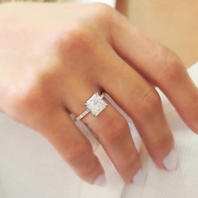 14K Gold Lab Grown Diamond CVD 2CT Princess-Cut Hidden Halo Engagement Ring