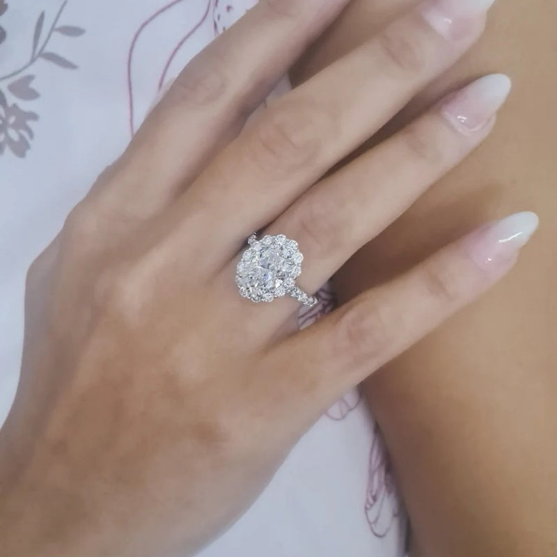 14K Gold Lab Grown Diamond CVD 2CT Oval-Cut Sunflower Unique Design Promise Ring