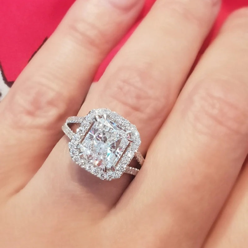 10K Gold Lab Grown Diamond CVD 3CT Radiant-Cut V-shaped Halo Engagement Ring