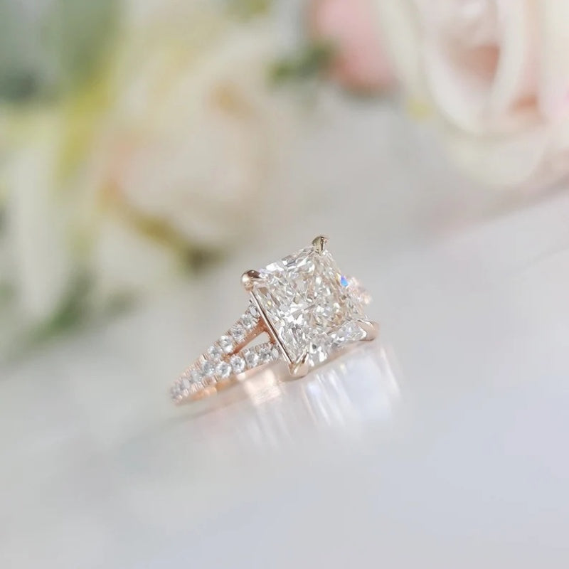 14K Gold Lab Grown Diamond CVD 2CT Radiant-Cut V-Shaped Engagement Ring