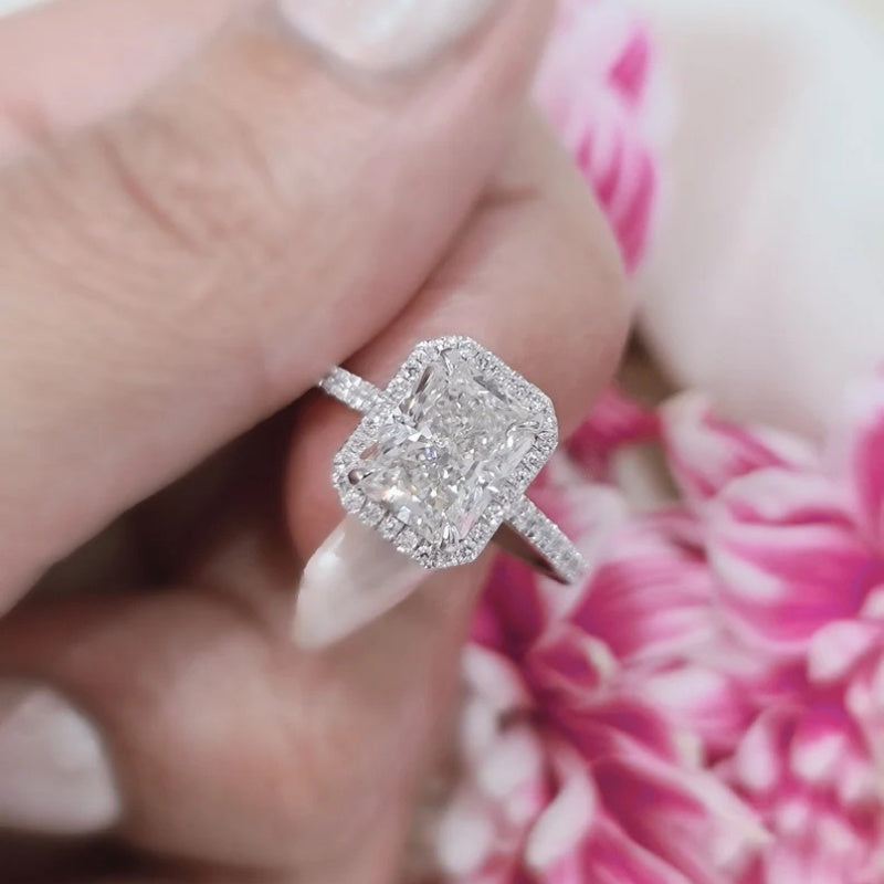 10K Gold Lab Grown Diamond CVD 2.5CT Radiant-Cut Halo and Pave Engagement Ring