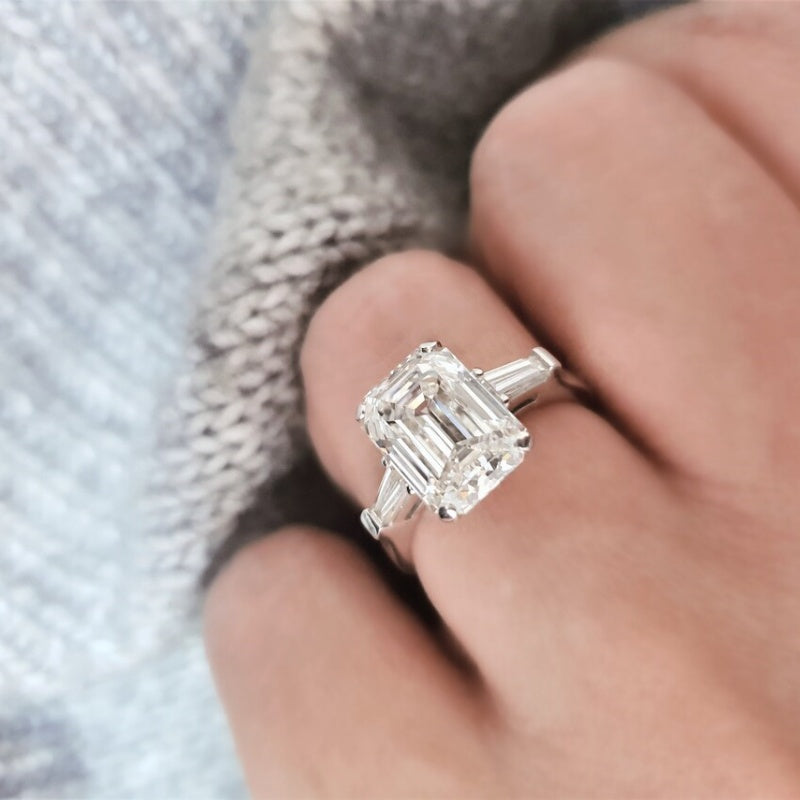 14K Gold Lab Grown Diamond CVD 3CT Emerald-Cut Three Stone Wedding Ring Anniversary Gift For Her