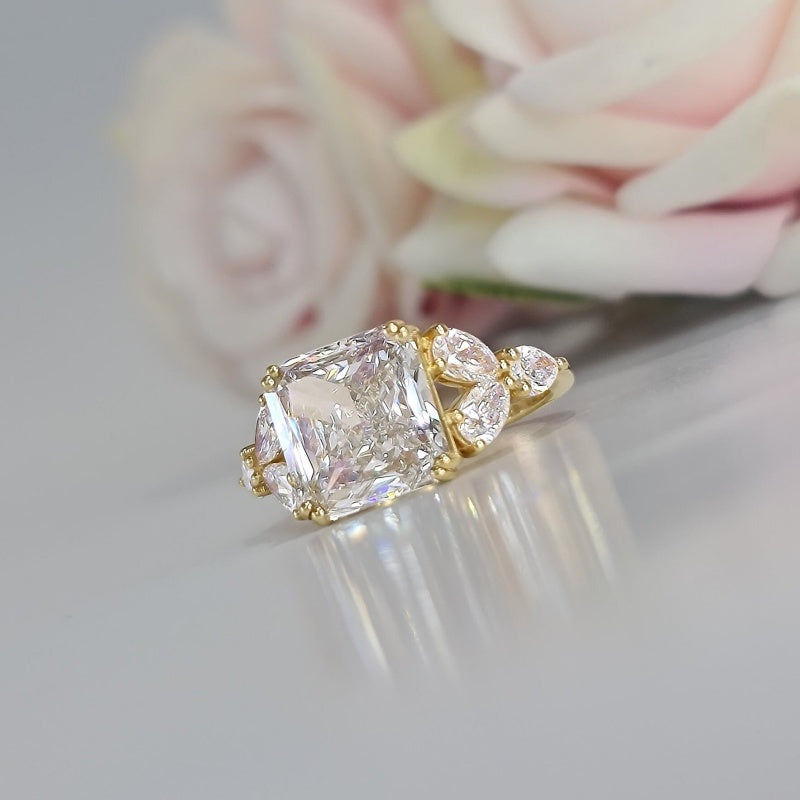 10K Gold Lab Grown Diamond CVD 5CT Princess-Cut with Pear Side Stones Anniversary Ring