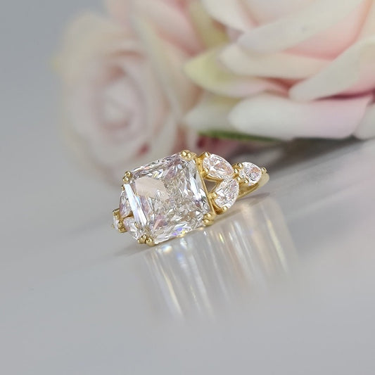 10K Gold Lab Grown Diamond CVD 5CT Princess-Cut with Pear Side Stones Anniversary Ring