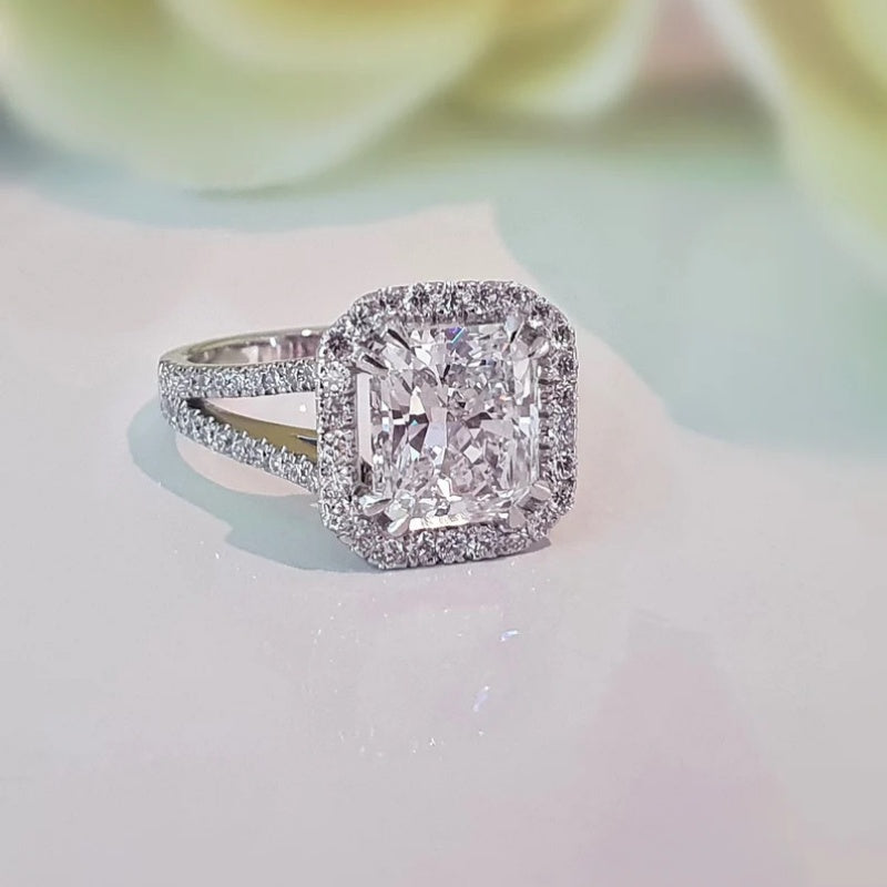 10K Gold Lab Grown Diamond CVD 3CT Radiant-Cut V-shaped Halo Engagement Ring