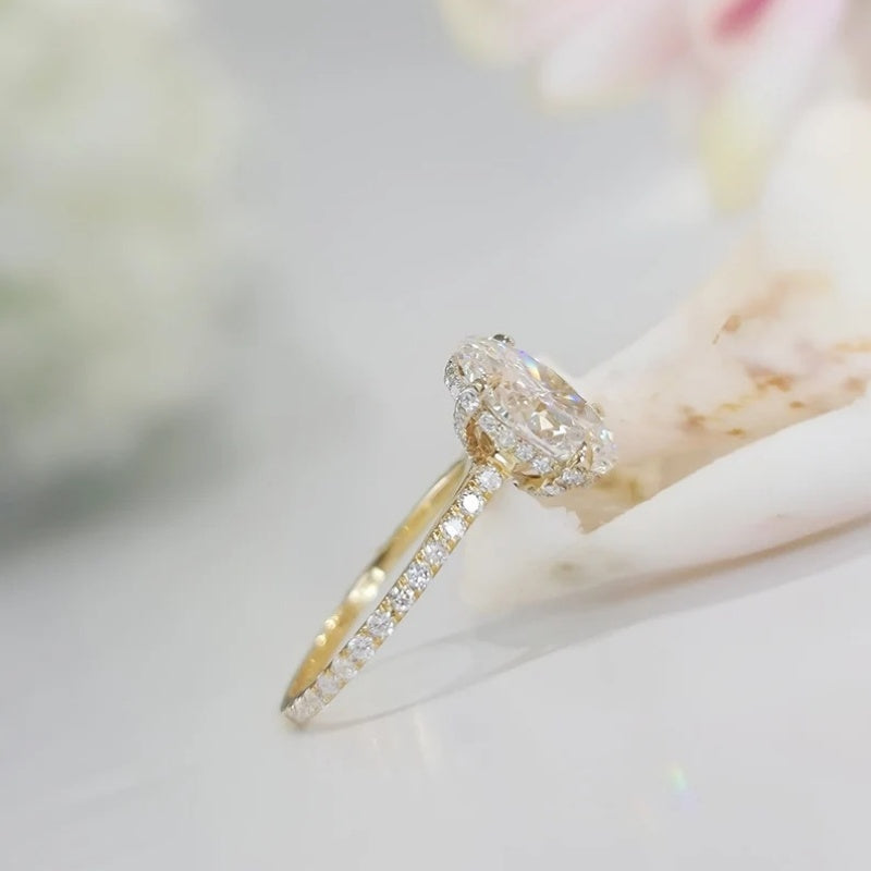 10K Gold Lab Grown Diamond CVD 3CT Oval-Cut Hidden Halo Luxury Proposal Ring Anniversary Gift For Her