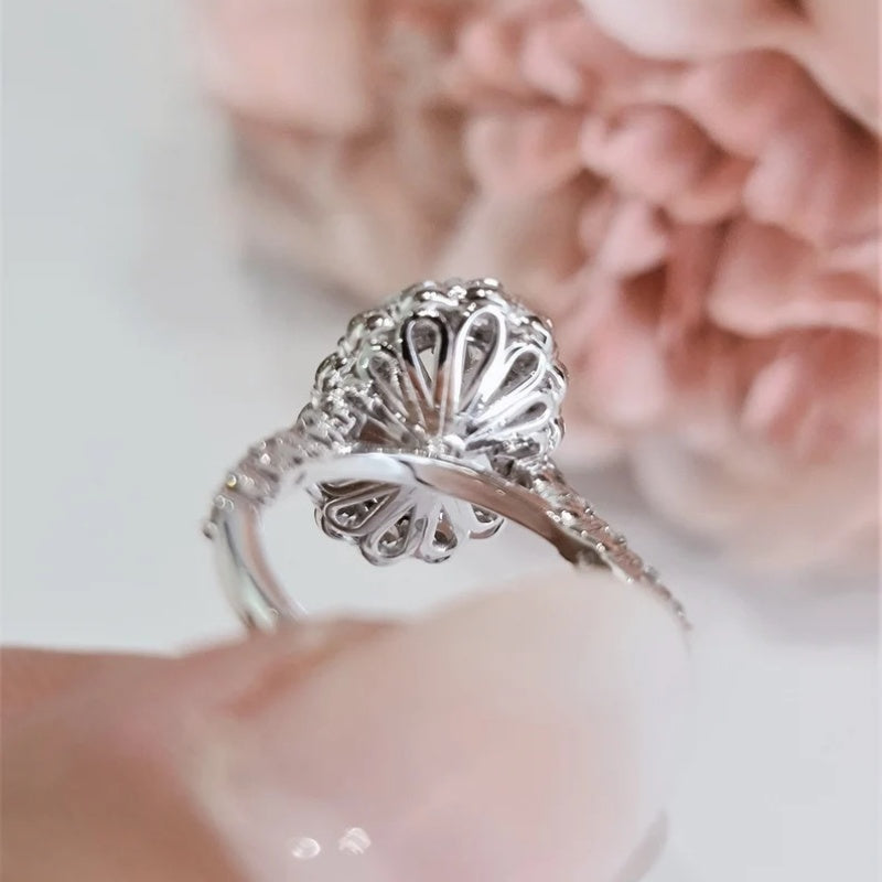 14K Gold Lab Grown Diamond CVD 2CT Oval-Cut Sunflower Unique Design Promise Ring