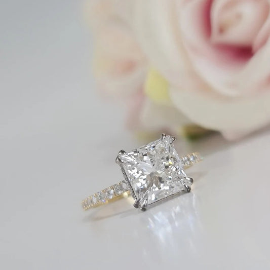 14K Gold Lab Grown Diamond CVD 2CT Princess-Cut Hidden Halo Engagement Ring