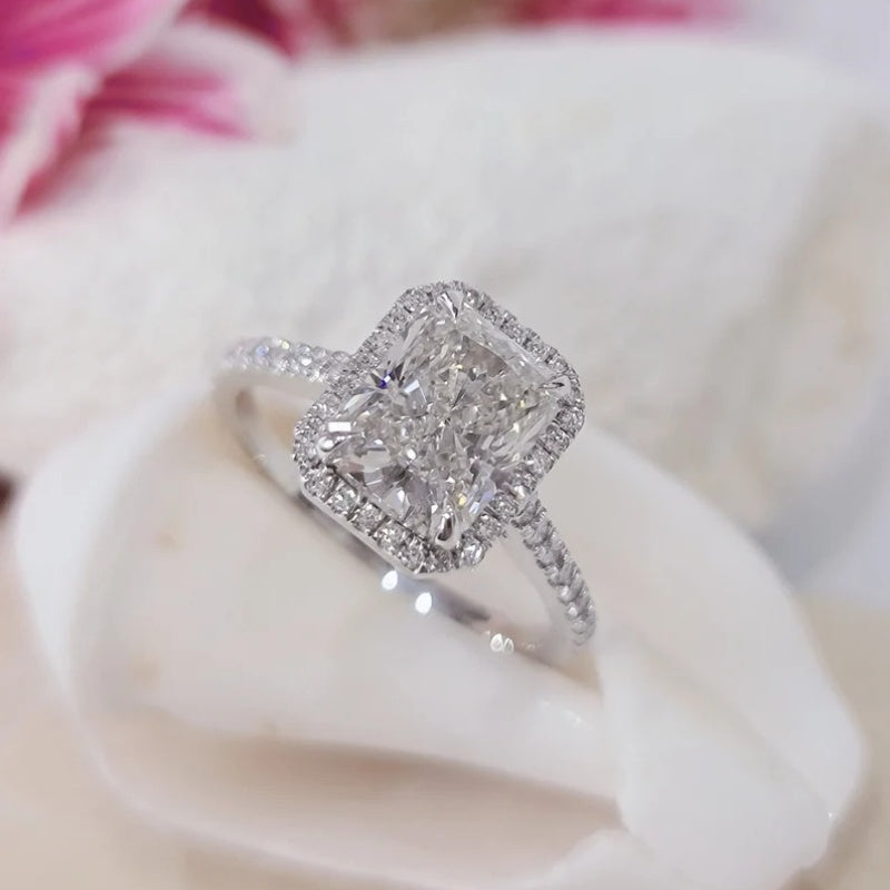 10K Gold Lab Grown Diamond CVD 2.5CT Radiant-Cut Halo and Pave Engagement Ring