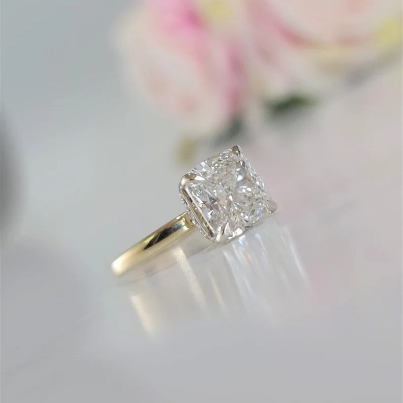 14K Gold Lab Grown Diamond CVD 3CT Cushion-Cut Hidden Halo Two Tone Promise Ring