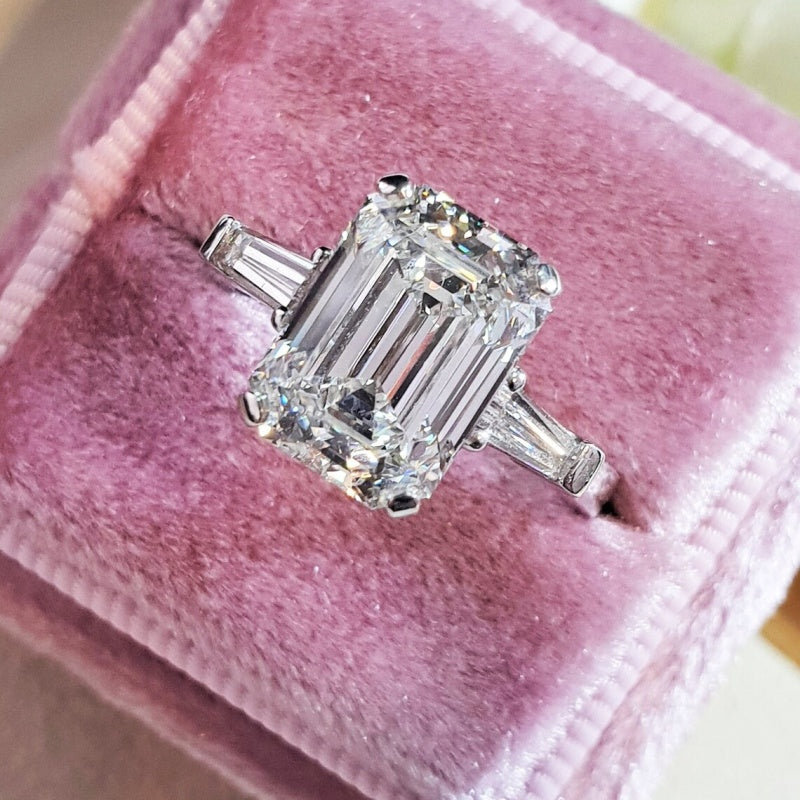 14K Gold Lab Grown Diamond CVD 3CT Emerald-Cut Three Stone Wedding Ring Anniversary Gift For Her