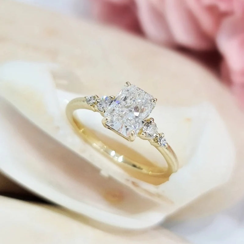 14K Gold Lab Grown Diamond CVD 2CT Radiant-Cut with Side Stones Engagement Ring