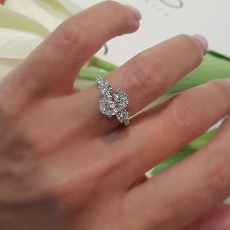 14K Gold Lab Grown Diamond CVD 4CT Oval-Cut Luxury Three Stone Anniversary Ring