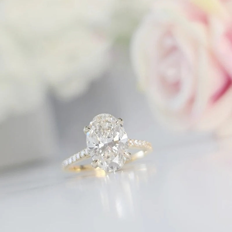 10K Gold Lab Grown Diamond CVD 3CT Oval-Cut Hidden Halo Luxury Proposal Ring Anniversary Gift For Her