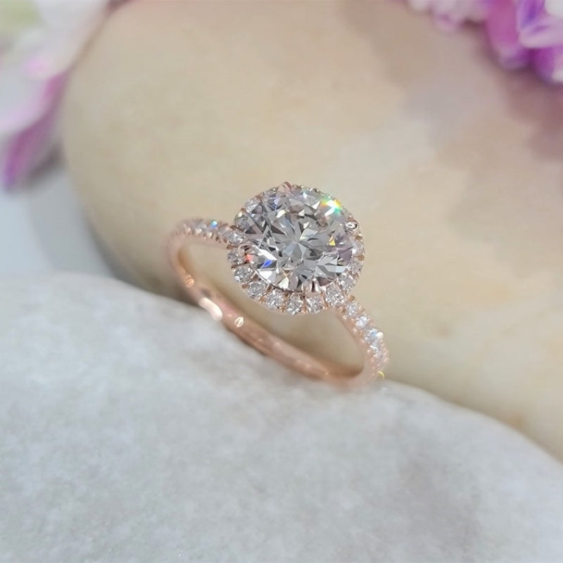 14K Gold Lab Grown Diamond CVD 3CT Round-Cut Halo Engagment Ring For Daily Wear