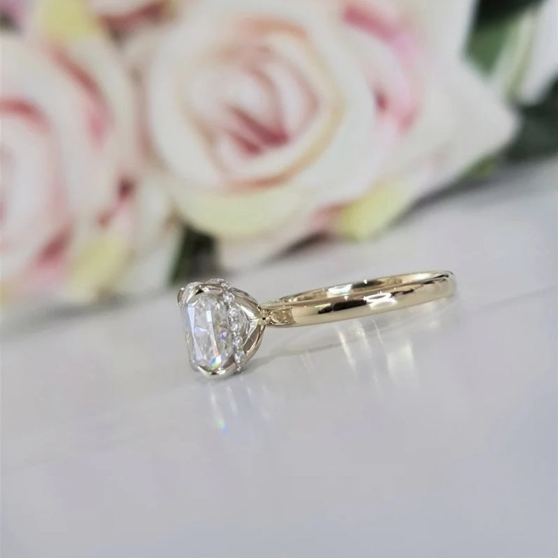 14K Gold Lab Grown Diamond CVD 3CT Cushion-Cut Hidden Halo Two Tone Promise Ring