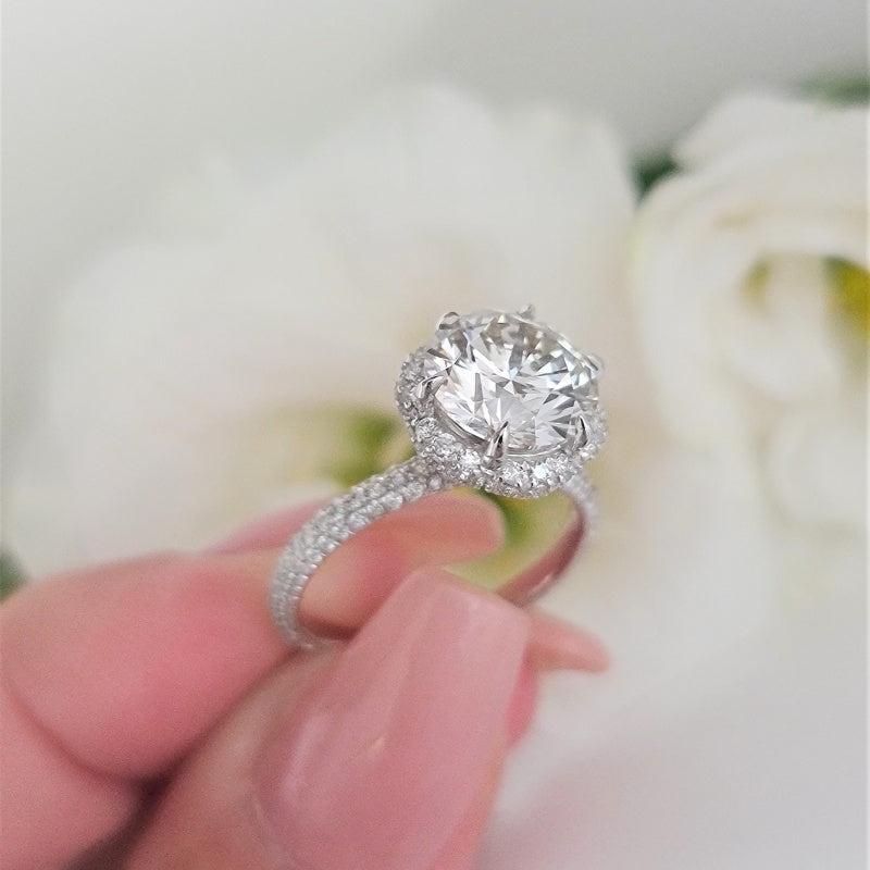 10K Gold Lab Grown Diamond CVD 3CT Round-Cut Flower Halo Engagement Ring