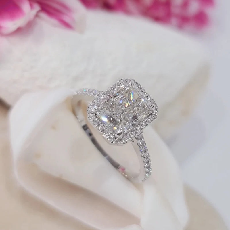 10K Gold Lab Grown Diamond CVD 2.5CT Radiant-Cut Halo and Pave Engagement Ring