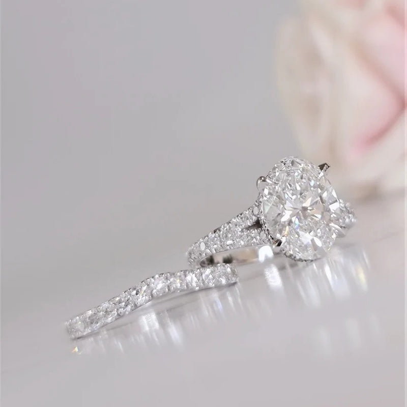 14K Gold Lab Grown Diamond CVD 3CT Oval-Cut Engagement Bridal Ring Set