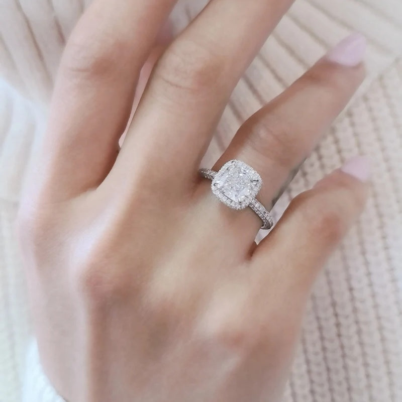 14K Gold Lab Grown Diamond CVD 2CT Cushion-Cut Halo & Pave Anniversary Ring