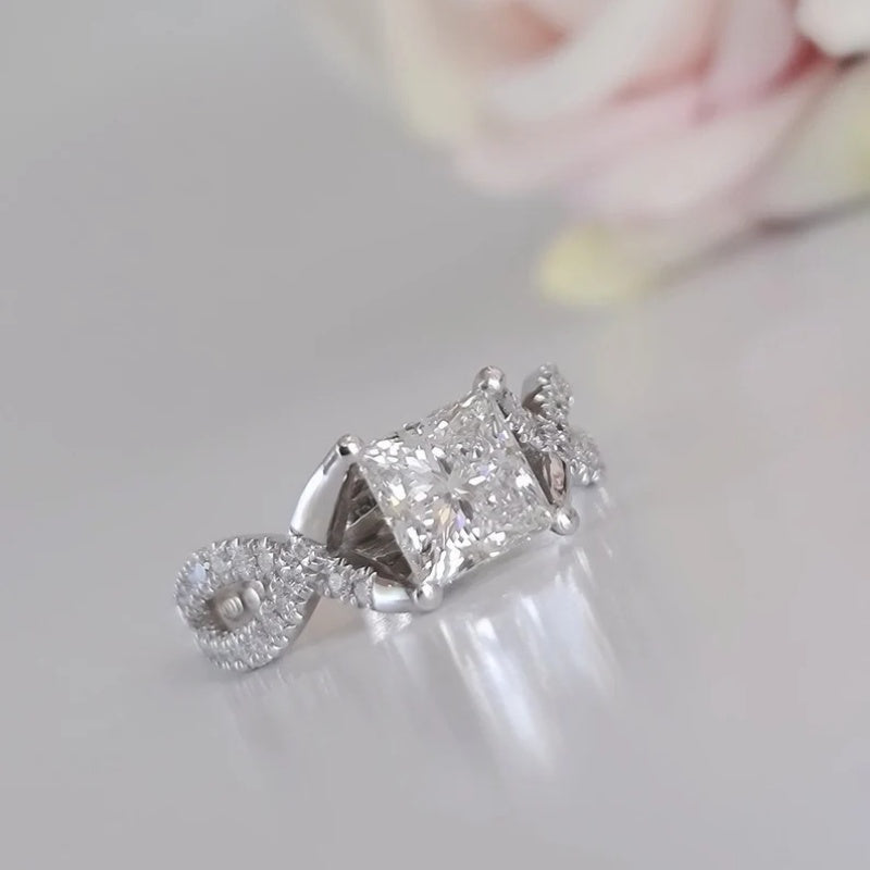 14K Gold Lab Grown Diamond CVD 2CT Princess-Cut Swirl Promise Ring For Anniversary Gift