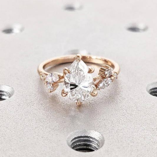14K Gold Lab Grown Diamond CVD 2CT Pear-Cut Six Prong Vintage Inspired Bridal Engagement Ring