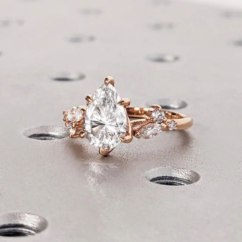 14K Gold Lab Grown Diamond CVD 2CT Pear-Cut Six Prong Vintage Inspired Bridal Engagement Ring