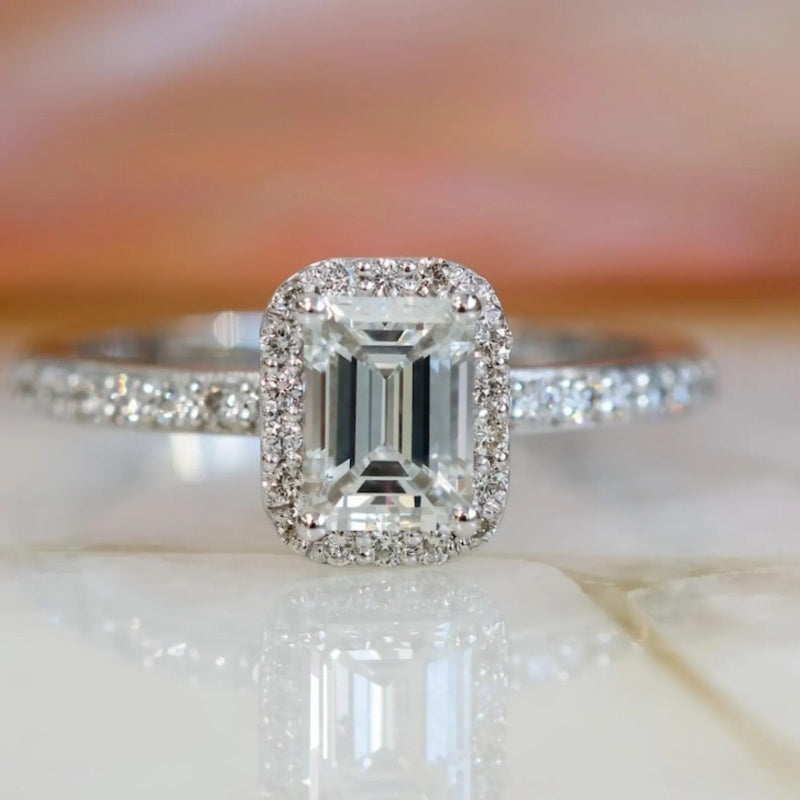 10K Gold Lab Grown Diamond CVD 1.5CT Emerald-Cut Halo Micro Pave Band V-Prong Basket Bridal Ring