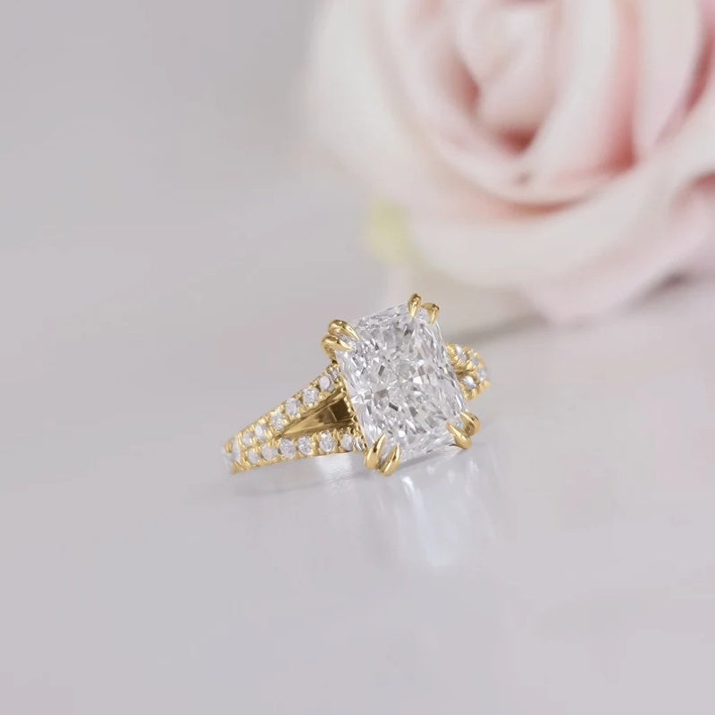 14K Gold Lab Grown Diamond CVD 2CT Radiant-Cut V-shaped Halo Engagement Ring