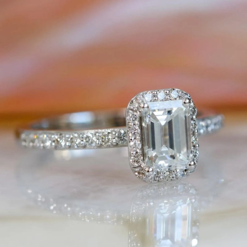 10K Gold Lab Grown Diamond CVD 1.5CT Emerald-Cut Halo Micro Pave Band V-Prong Basket Bridal Ring