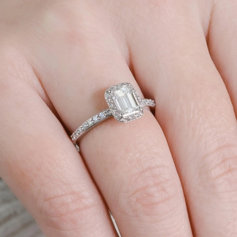 10K Gold Lab Grown Diamond CVD 1.5CT Emerald-Cut Halo Micro Pave Band V-Prong Basket Bridal Ring