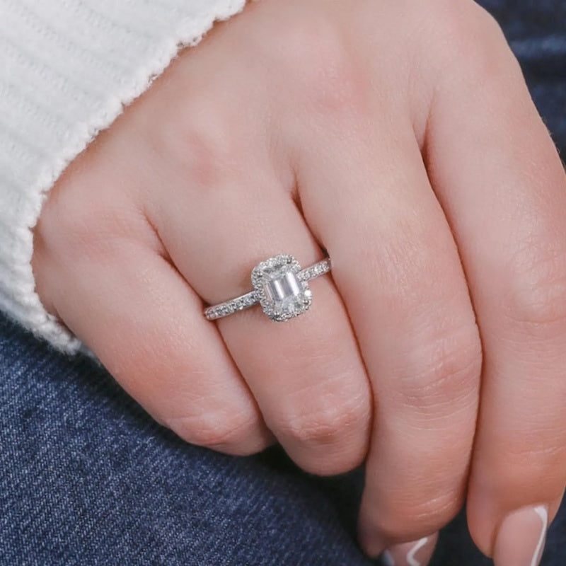 10K Gold Lab Grown Diamond CVD 1.5CT Emerald-Cut Halo Micro Pave Band V-Prong Basket Bridal Ring