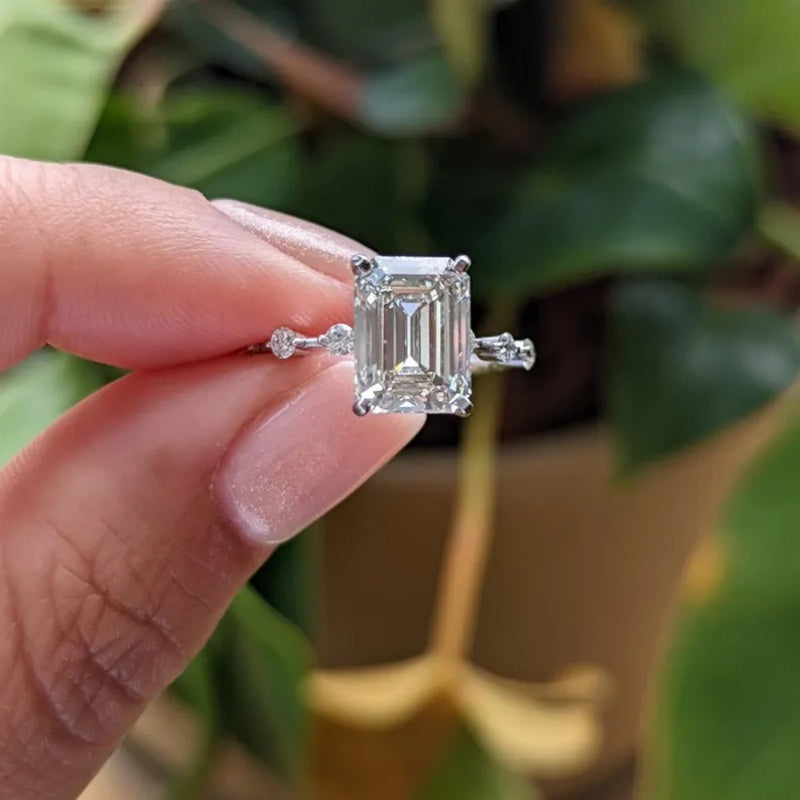 14K Gold Lab Grown Diamond CVD 2CT Emerald-Cut Prong Set Wedding Bridal Ring