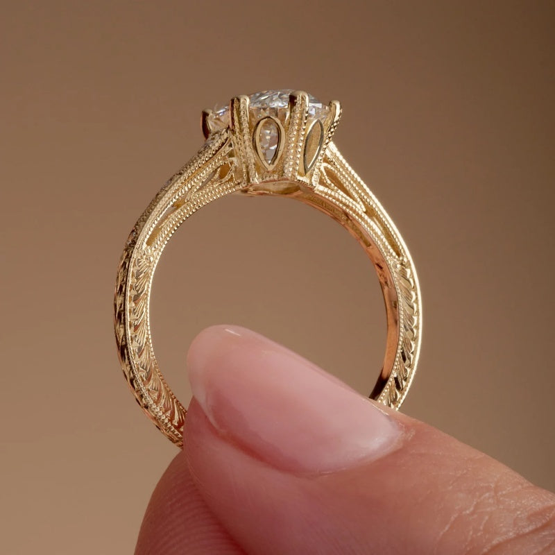 14K Gold Lab Grown Diamond CVD 2CT Marquise-Cut Filigree Cathedral Shank Classic Ring