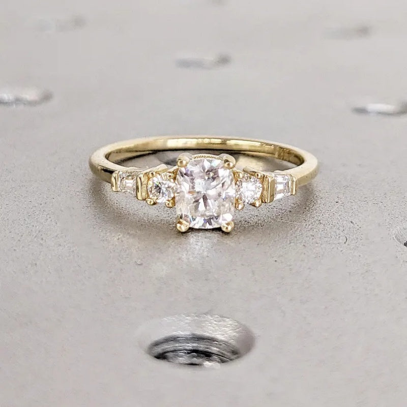 18k Gold Lab Grown Diamond 2CT CVD Cushion-Cut Round & Tapered Baguette Art Deco Bridal Ring
