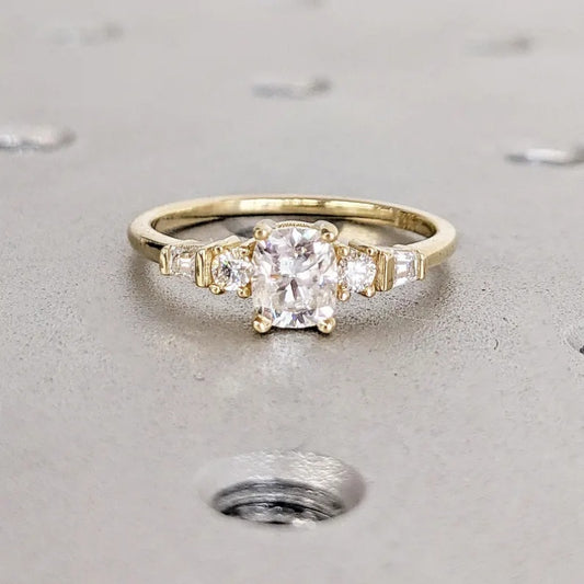 18k Gold Lab Grown Diamond 2CT CVD Cushion-Cut Round & Tapered Baguette Art Deco Bridal Ring
