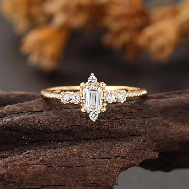 18K Gold Lab Grown Diamond CVD 1CT Emerald-Cut Vintage Milgrain Half Eternity Bridal Ring