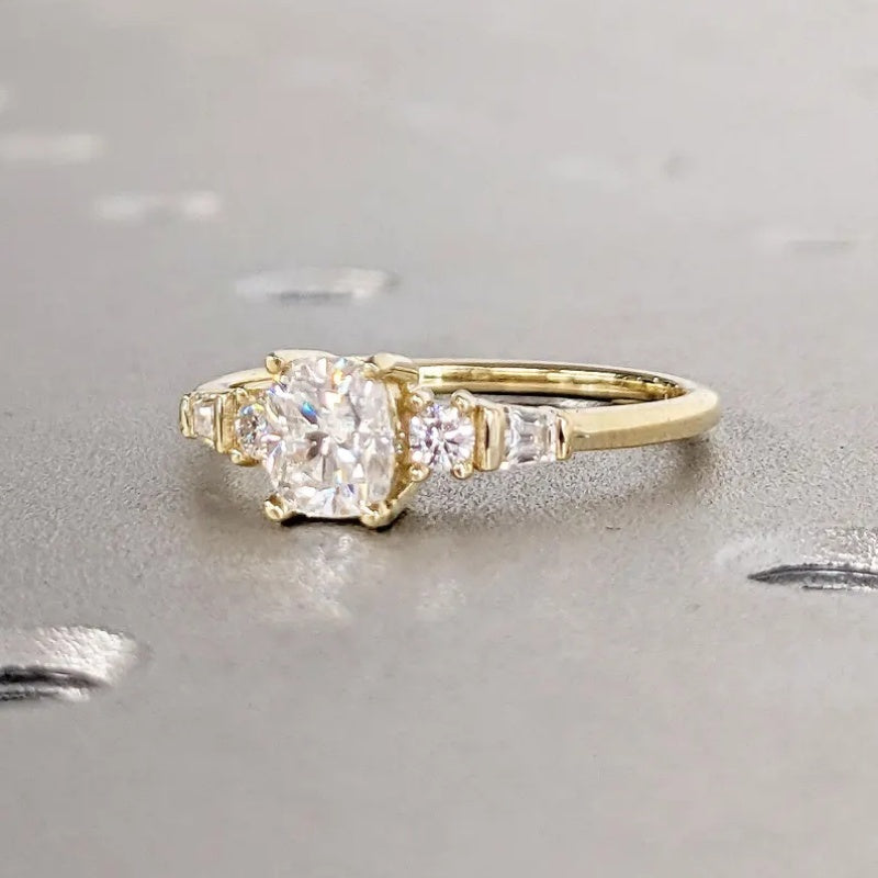 18k Gold Lab Grown Diamond 2CT CVD Cushion-Cut Round & Tapered Baguette Art Deco Bridal Ring